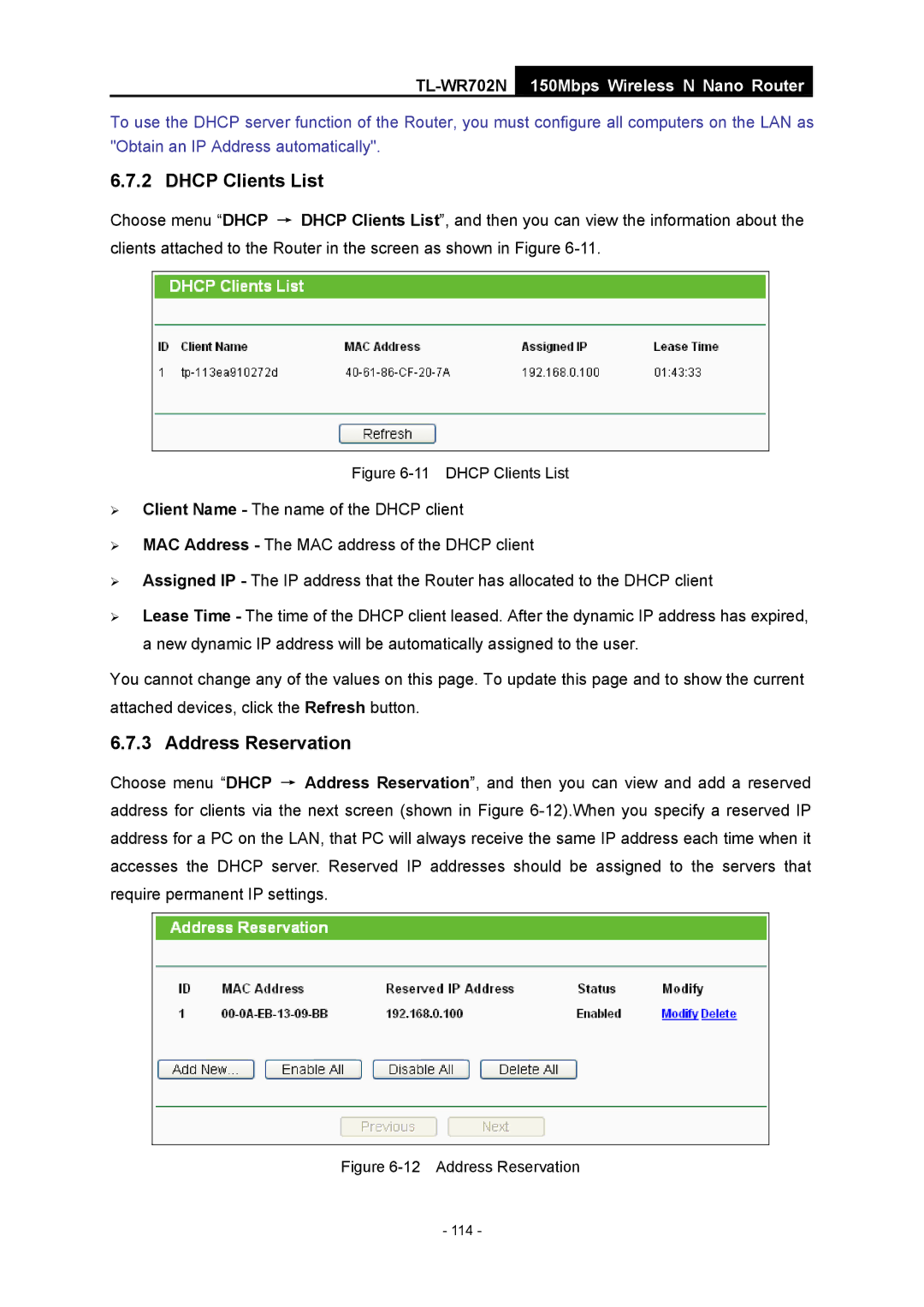 TP-Link TL-WR702N manual Dhcp Clients List 