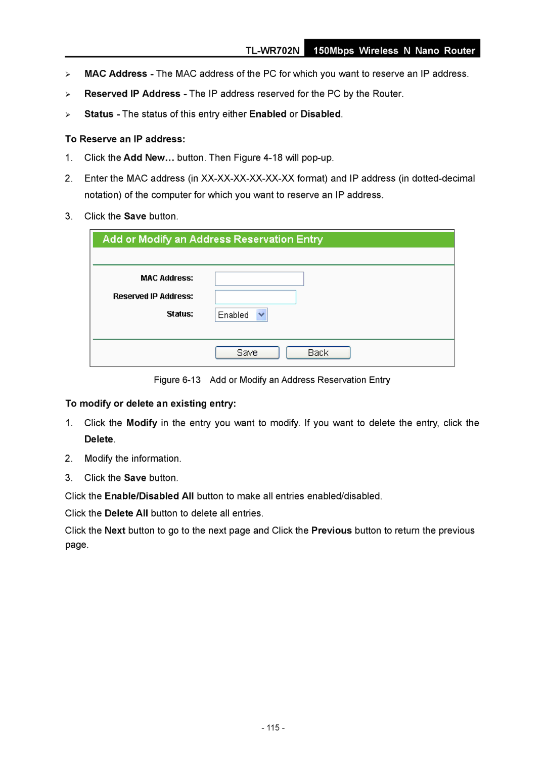 TP-Link TL-WR702N manual Add or Modify an Address Reservation Entry 