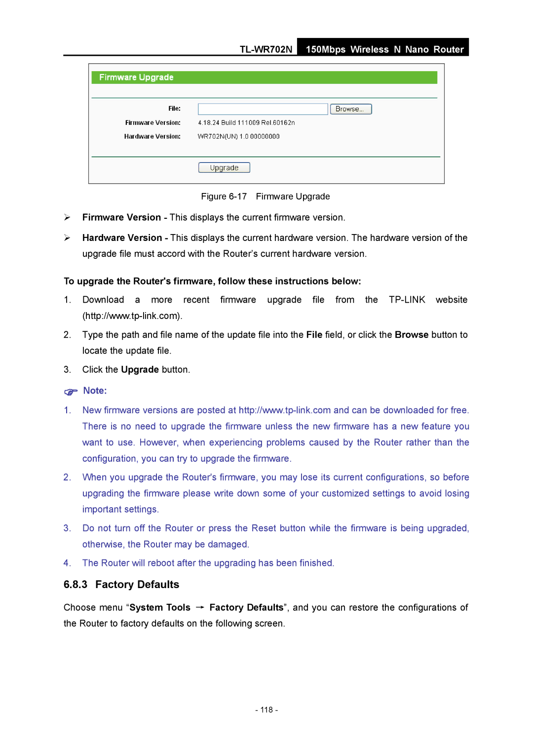 TP-Link TL-WR702N manual Firmware Upgrade 