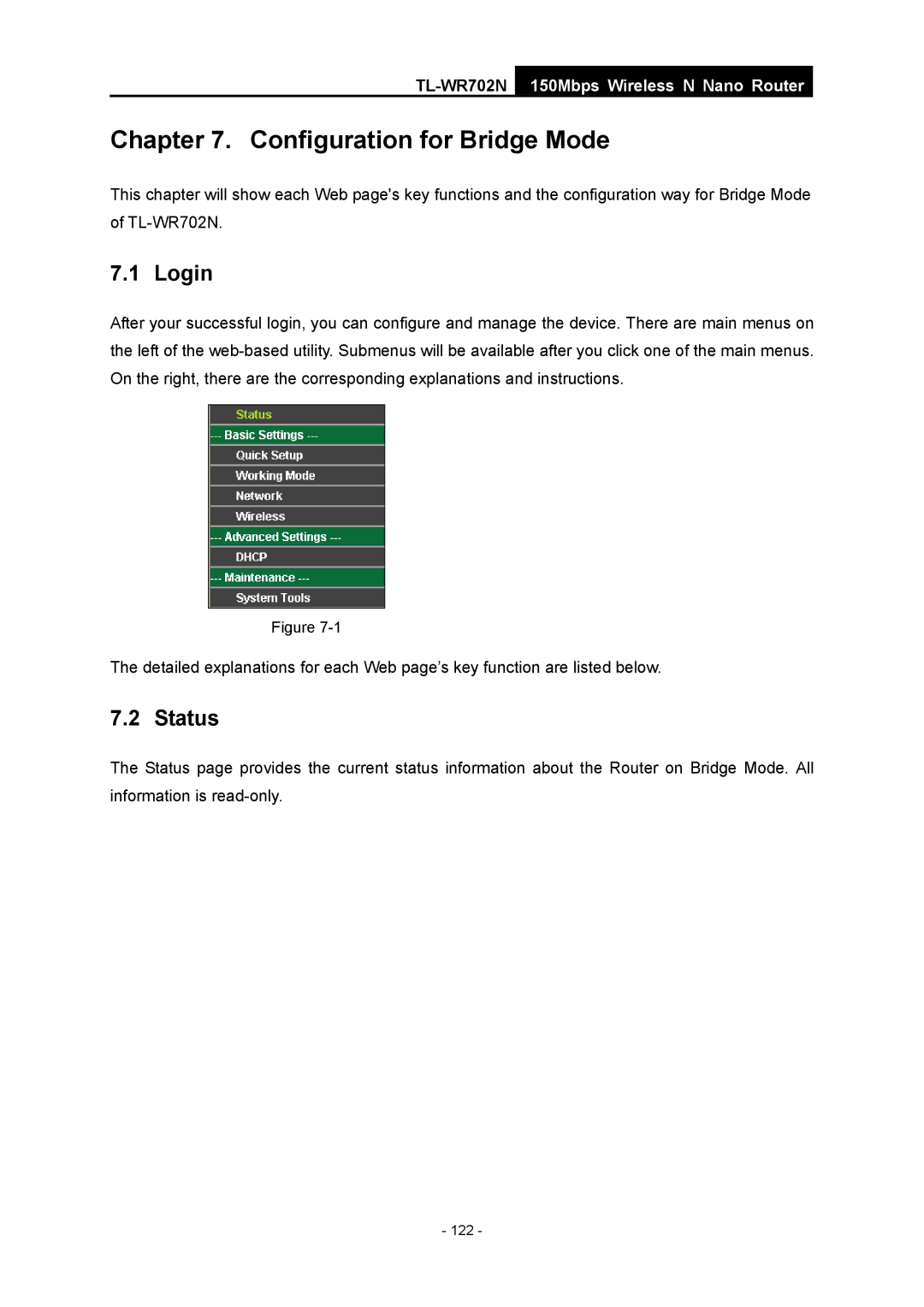 TP-Link TL-WR702N manual Configuration for Bridge Mode, Login 