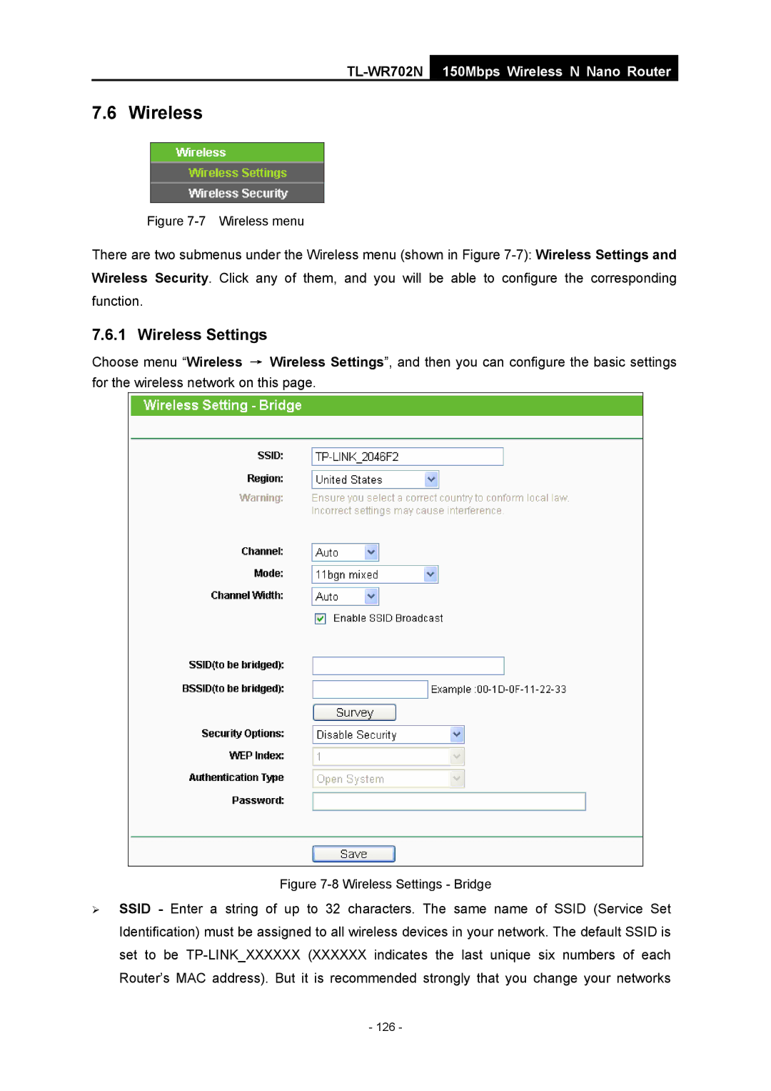 TP-Link TL-WR702N manual Wireless Settings Bridge 