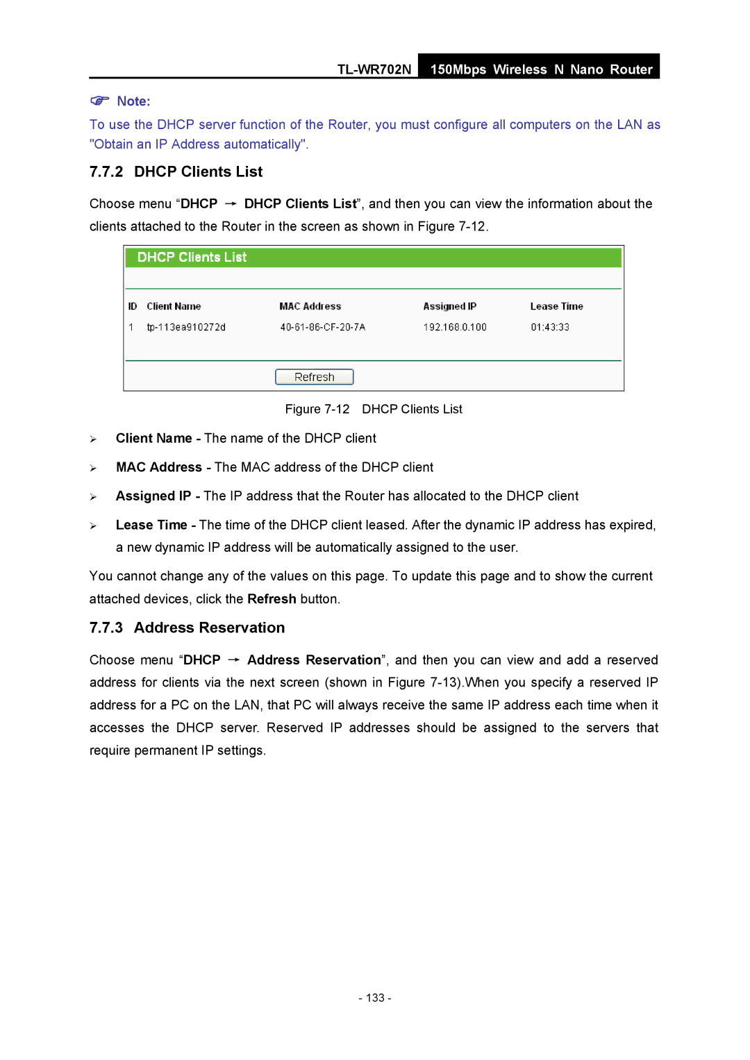 TP-Link TL-WR702N manual Dhcp Clients List 