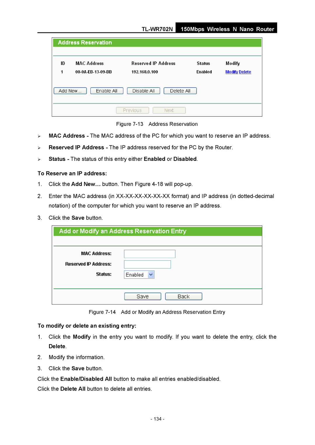 TP-Link TL-WR702N manual Address Reservation 