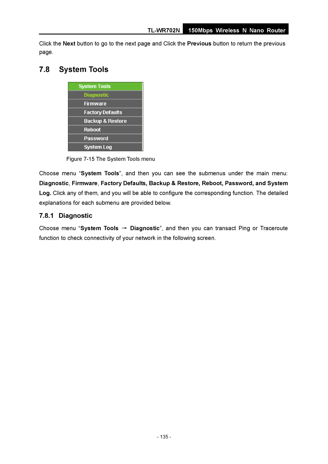 TP-Link TL-WR702N manual The System Tools menu 