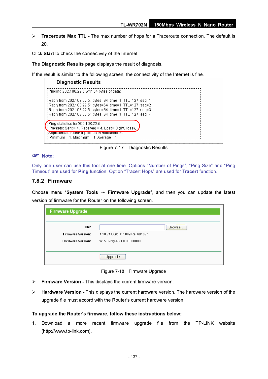 TP-Link TL-WR702N manual Diagnostic Results 