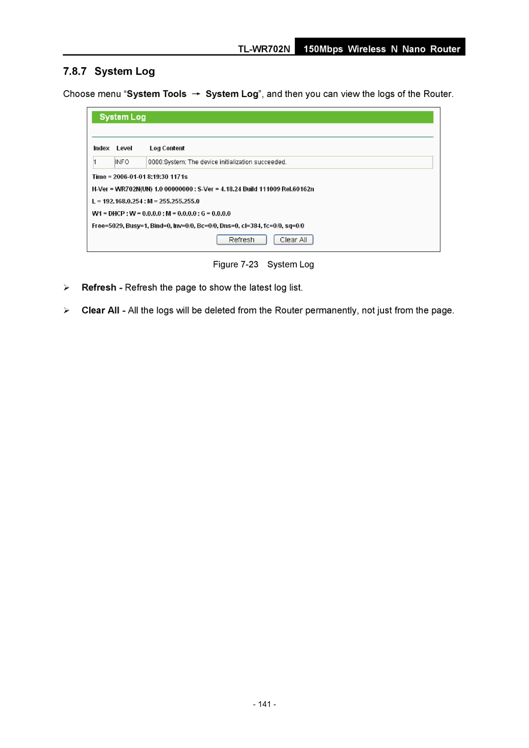 TP-Link TL-WR702N manual System Log 