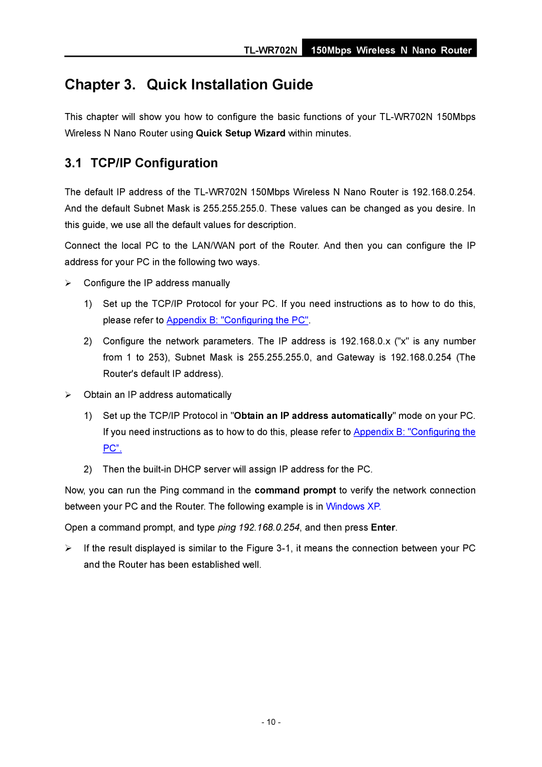 TP-Link TL-WR702N manual Quick Installation Guide, TCP/IP Configuration 