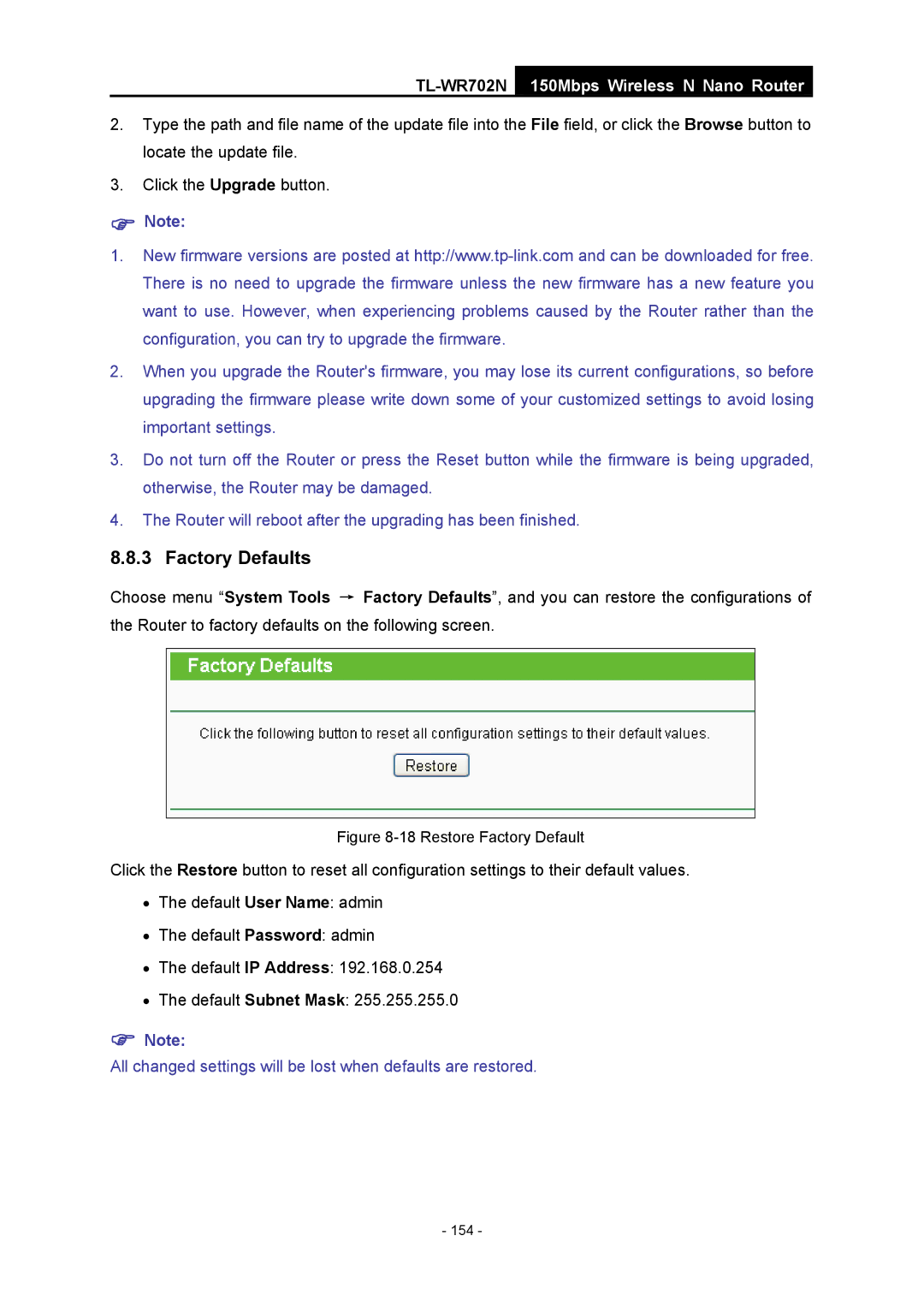 TP-Link TL-WR702N manual 154 