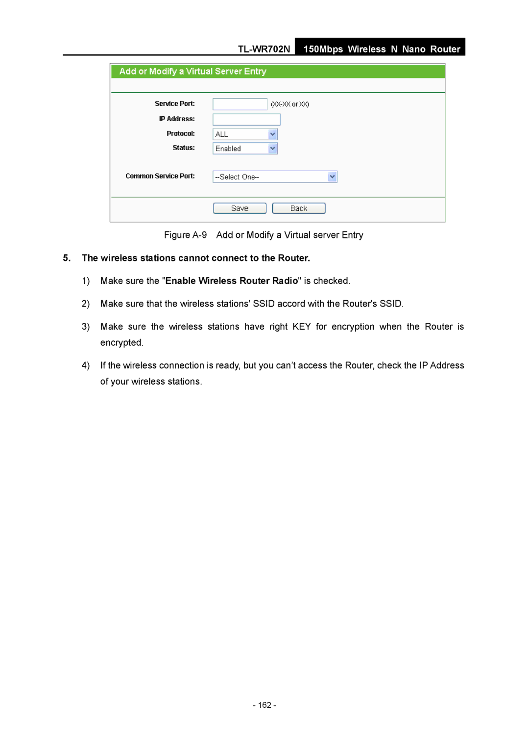 TP-Link TL-WR702N manual Figure A-9 Add or Modify a Virtual server Entry, Wireless stations cannot connect to the Router 