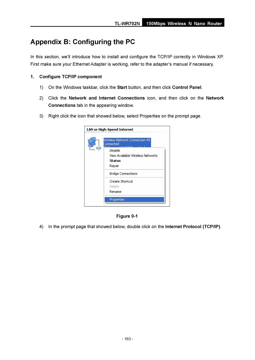 TP-Link TL-WR702N manual Appendix B Configuring the PC, Configure TCP/IP component 