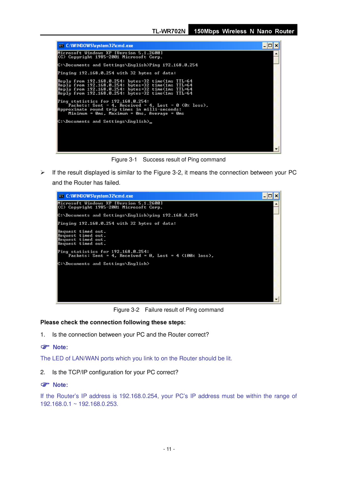 TP-Link TL-WR702N manual Please check the connection following these steps, Success result of Ping command 