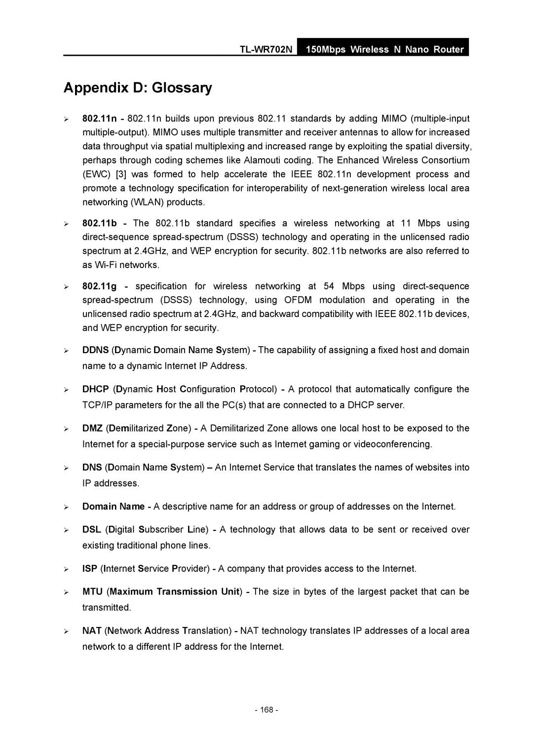 TP-Link TL-WR702N manual Appendix D Glossary 