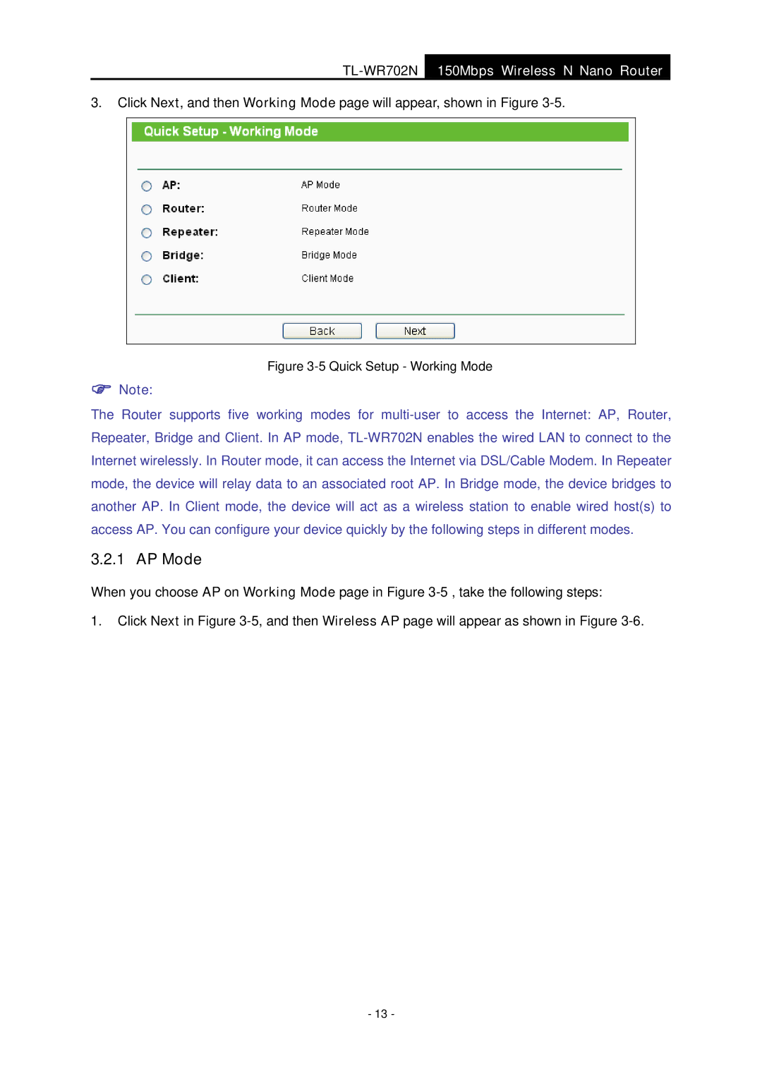 TP-Link TL-WR702N manual Quick Setup Working Mode 