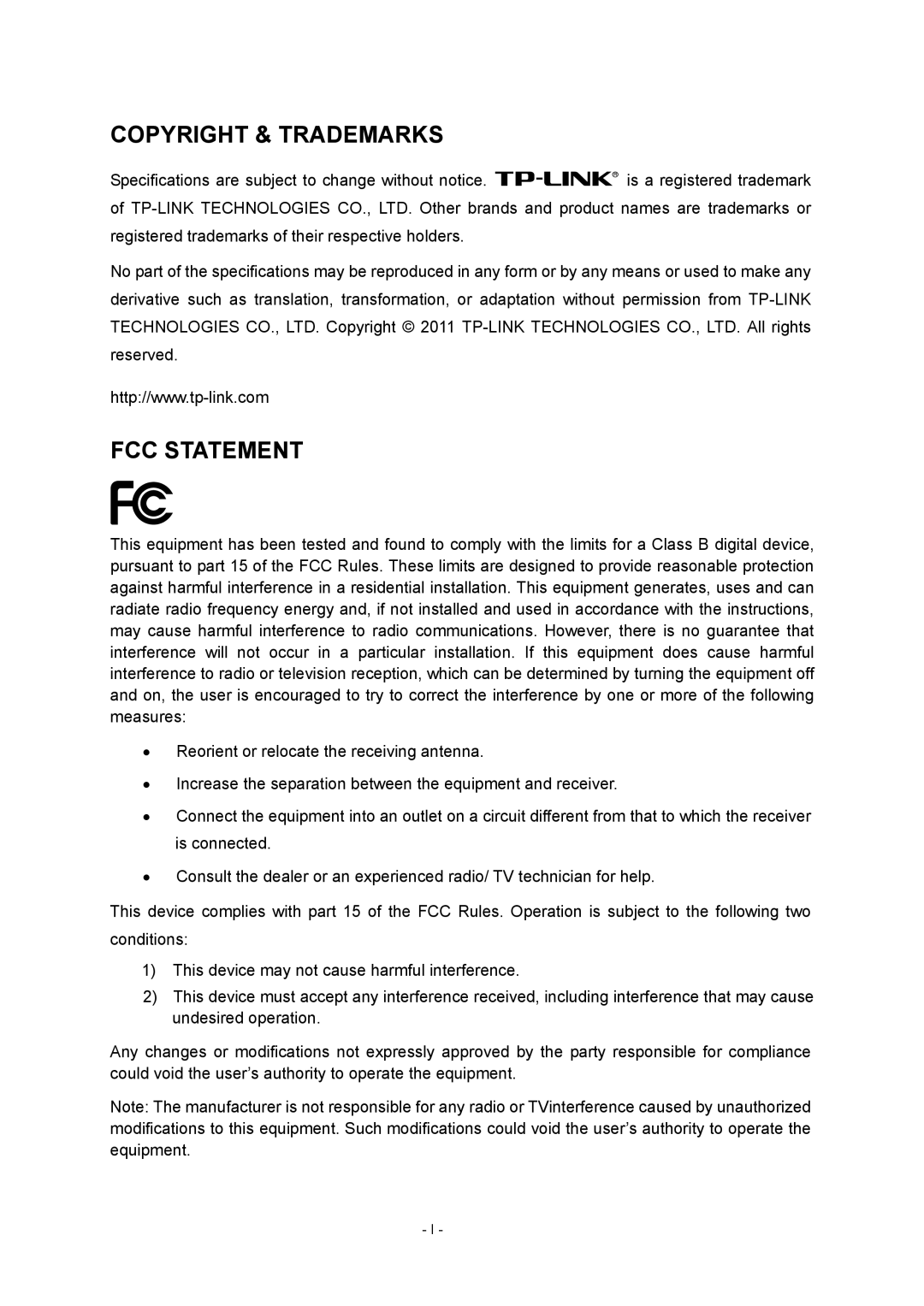 TP-Link TL-WR702N manual Copyright & Trademarks FCC Statement 