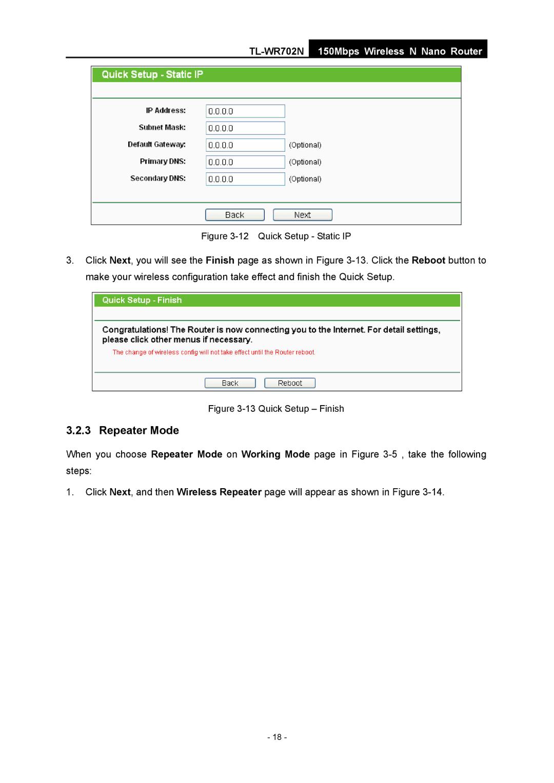 TP-Link TL-WR702N manual Quick Setup Static IP 