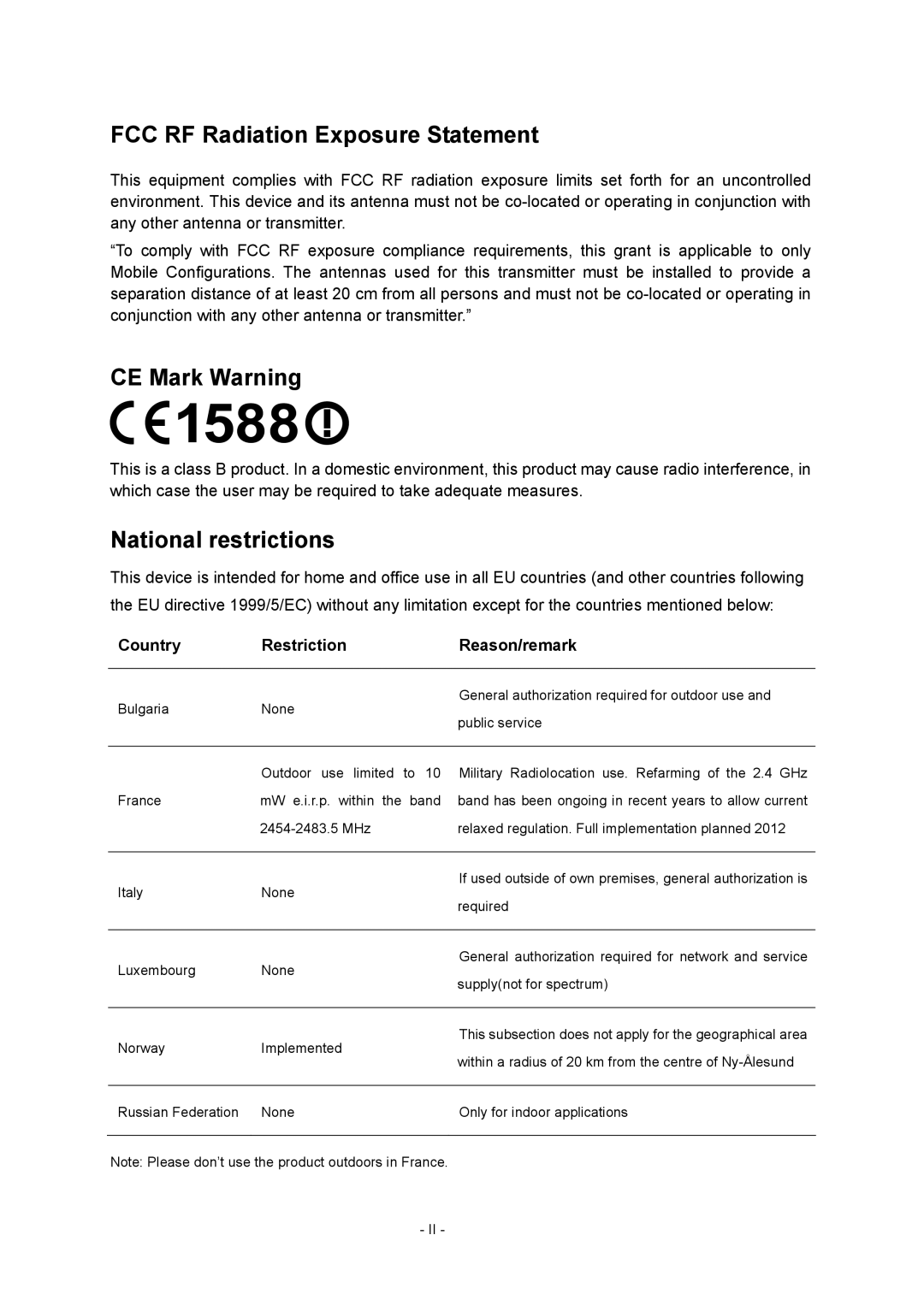 TP-Link TL-WR702N manual FCC RF Radiation Exposure Statement, Country Restriction Reason/remark 