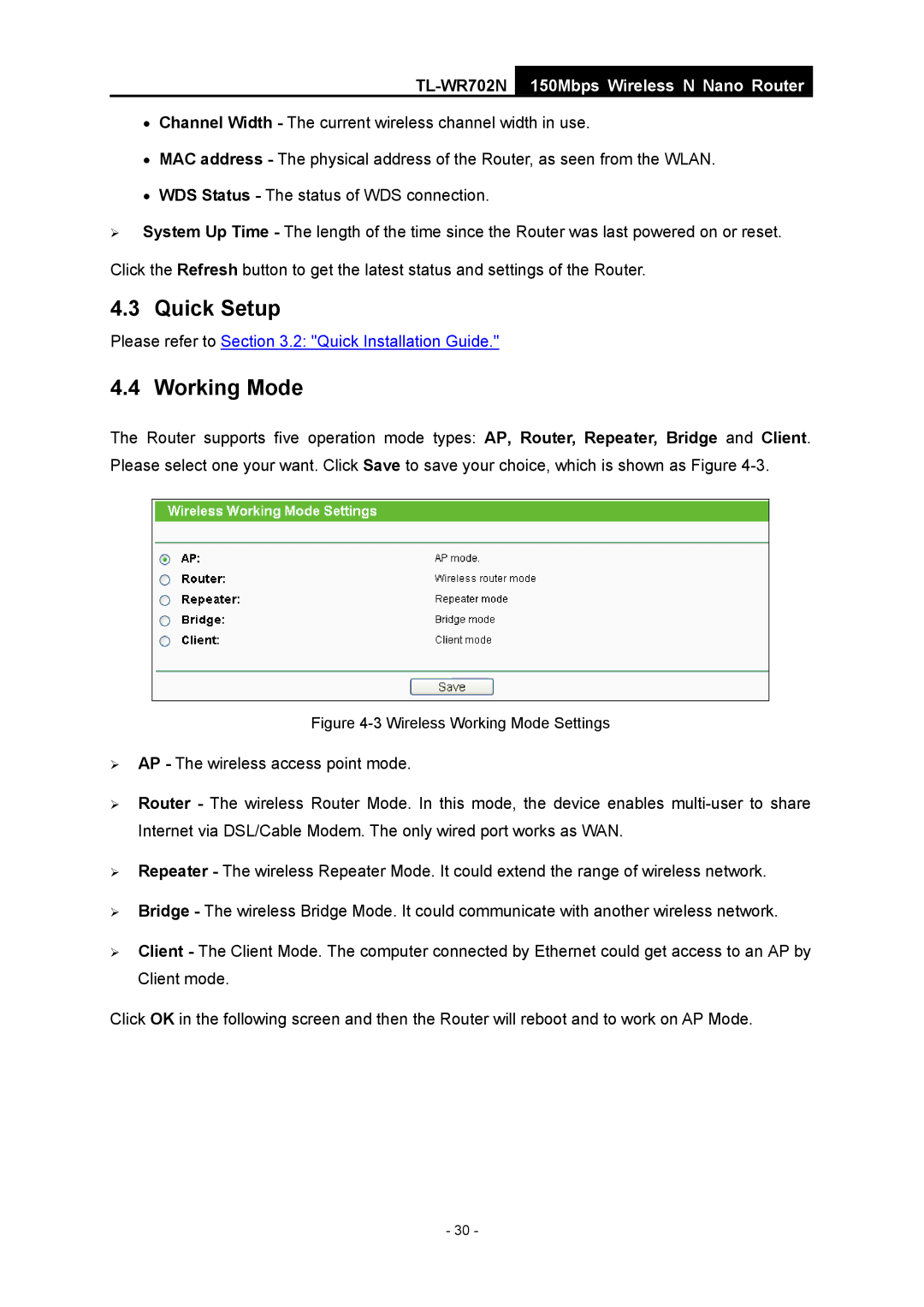 TP-Link TL-WR702N manual Quick Setup, Working Mode 