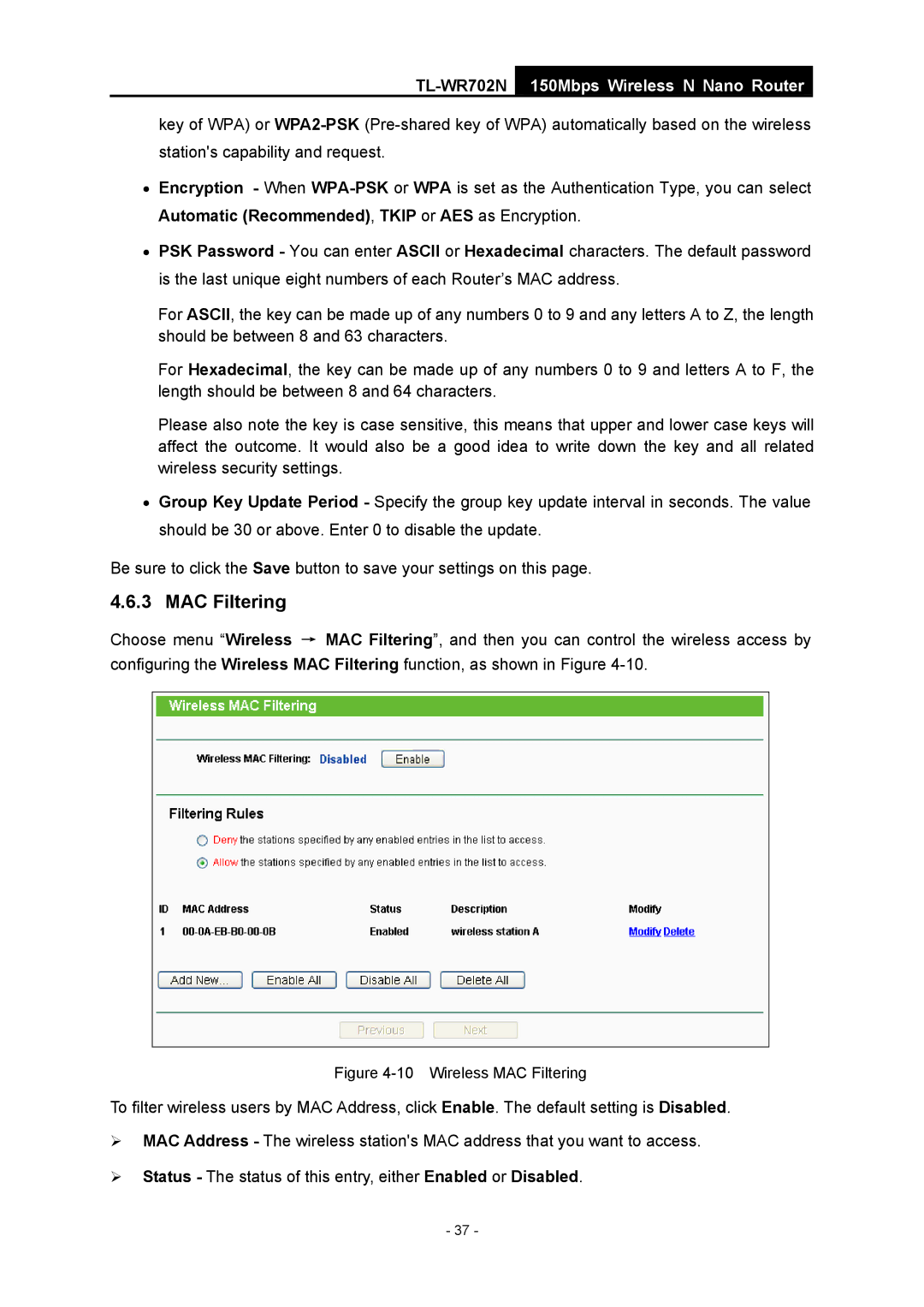 TP-Link TL-WR702N manual Wireless MAC Filtering 