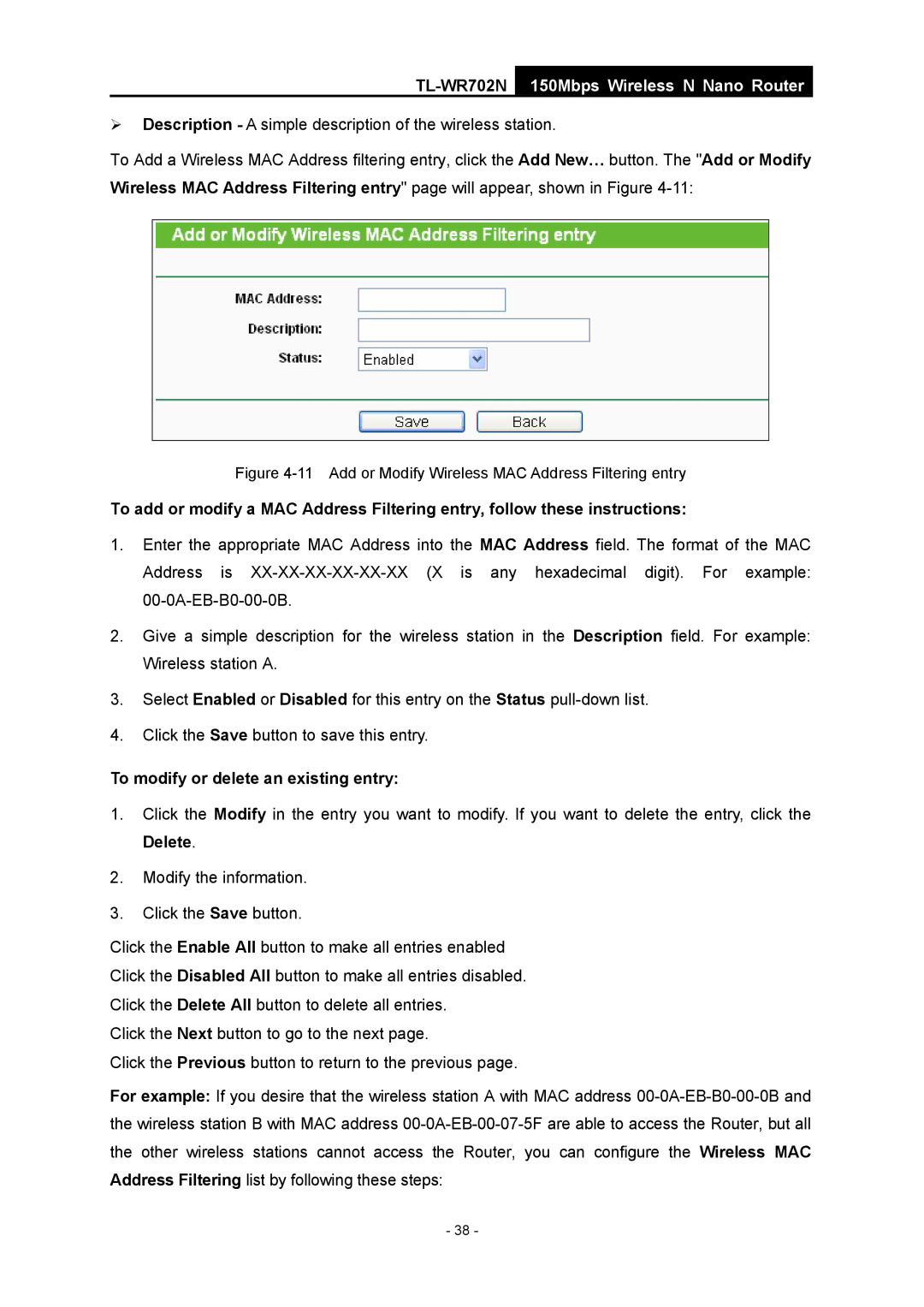 TP-Link TL-WR702N manual To modify or delete an existing entry, Add or Modify Wireless MAC Address Filtering entry 