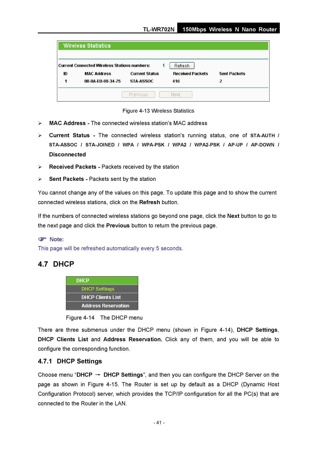 TP-Link TL-WR702N manual Dhcp Settings, Disconnected 