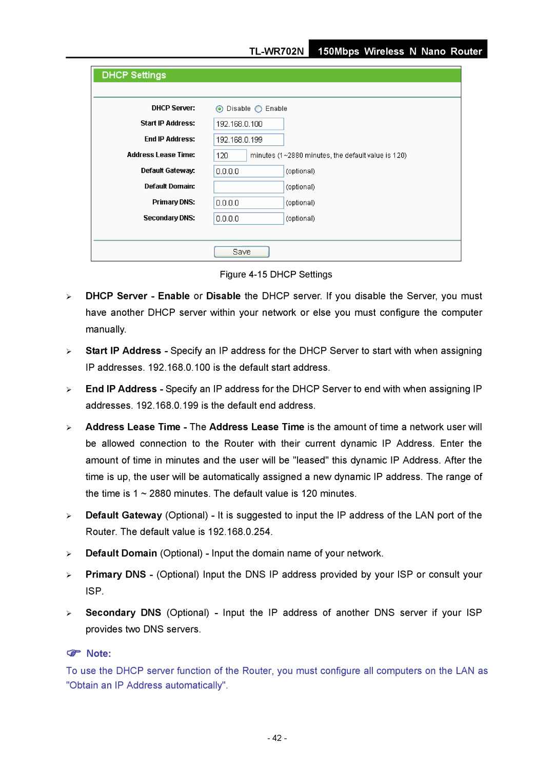 TP-Link TL-WR702N manual Dhcp Settings 