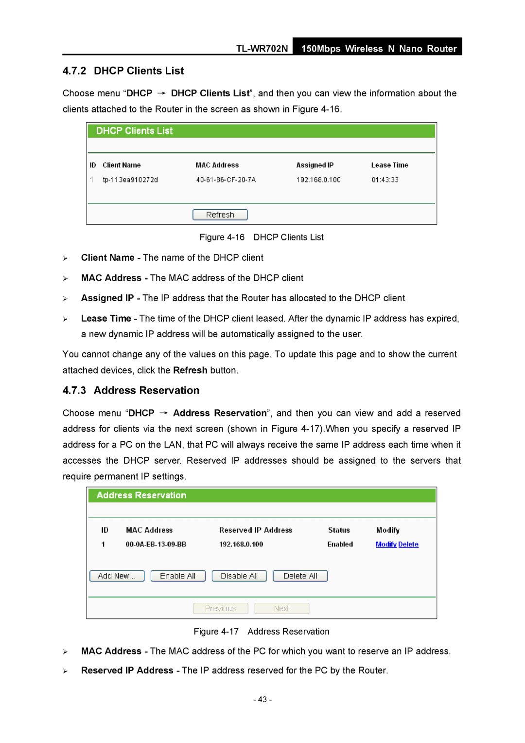 TP-Link TL-WR702N manual Dhcp Clients List, Address Reservation 