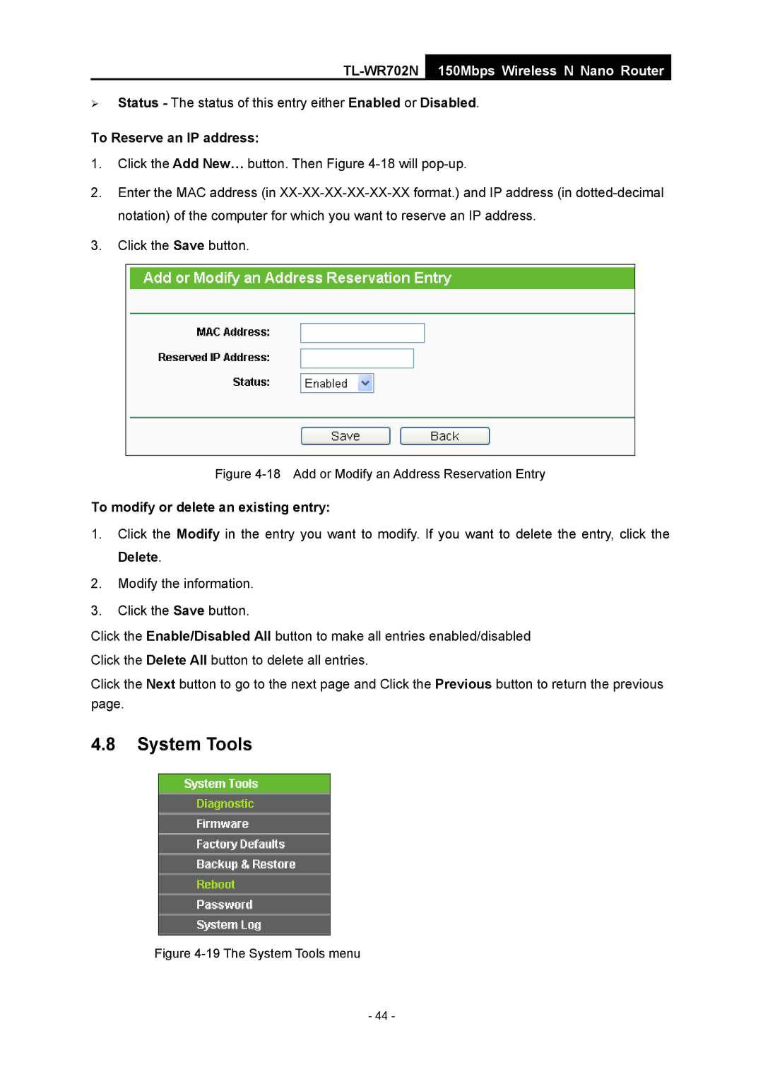 TP-Link TL-WR702N manual System Tools, To Reserve an IP address 