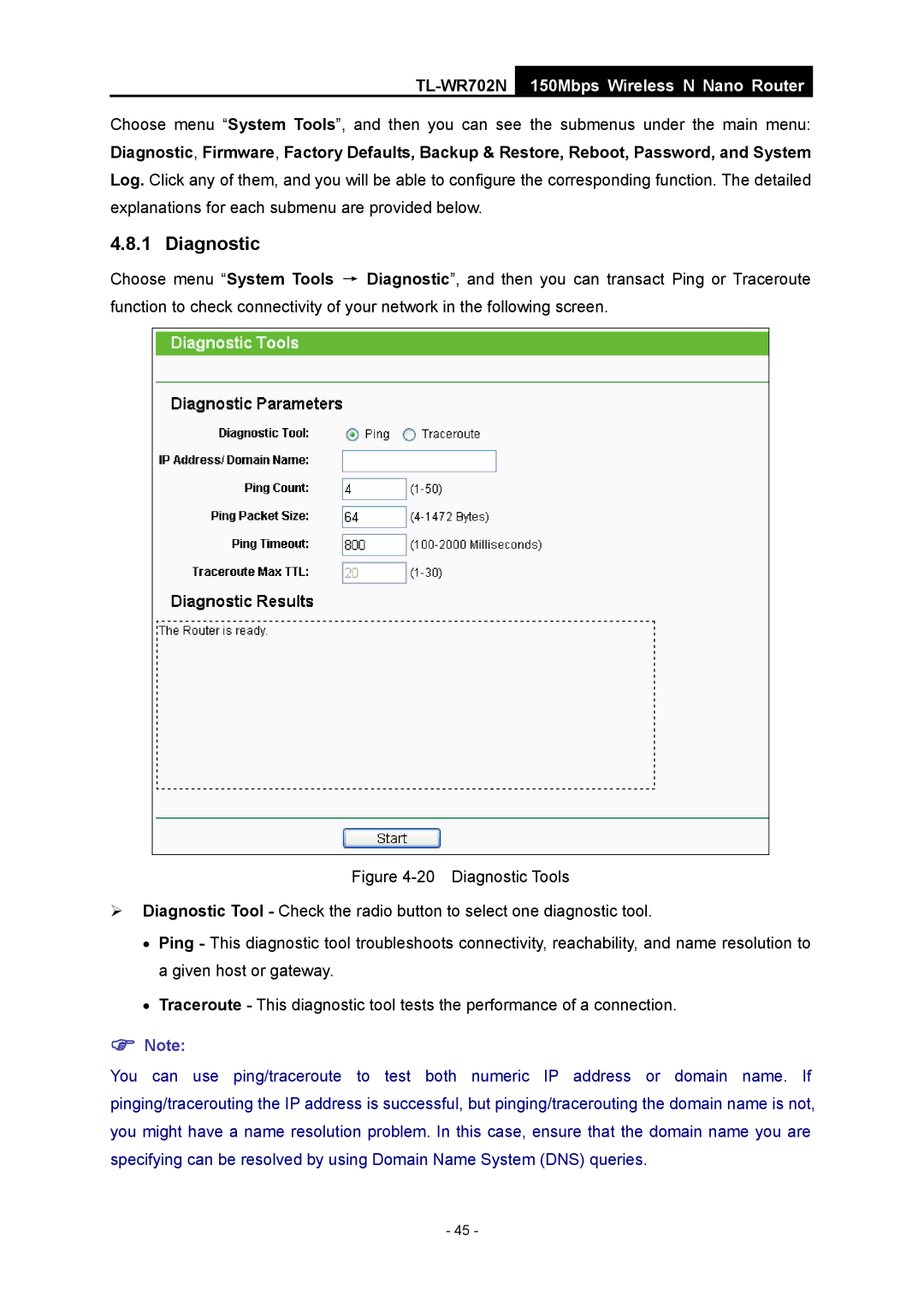 TP-Link TL-WR702N manual Diagnostic 