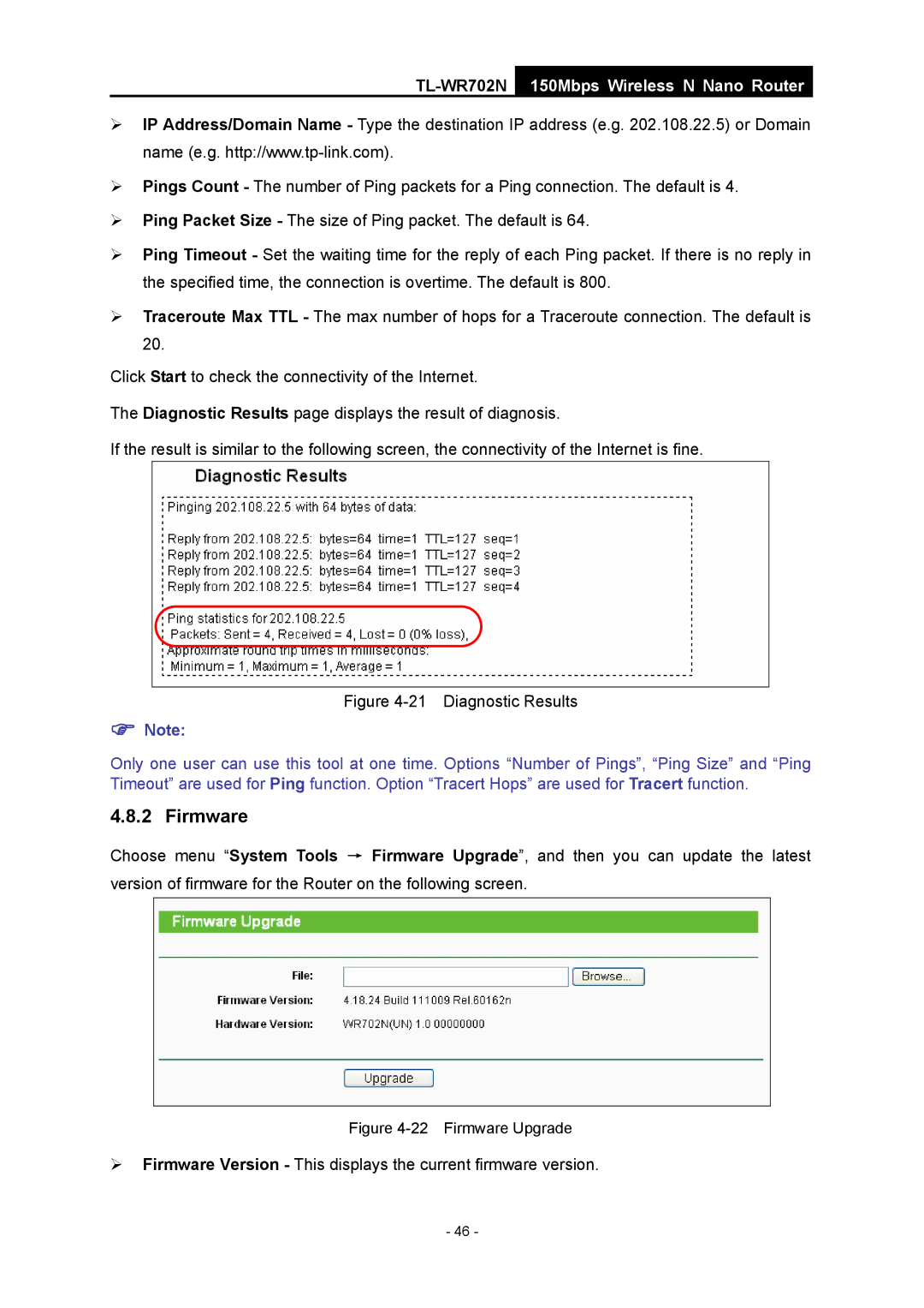 TP-Link TL-WR702N manual Firmware, Diagnostic Results 