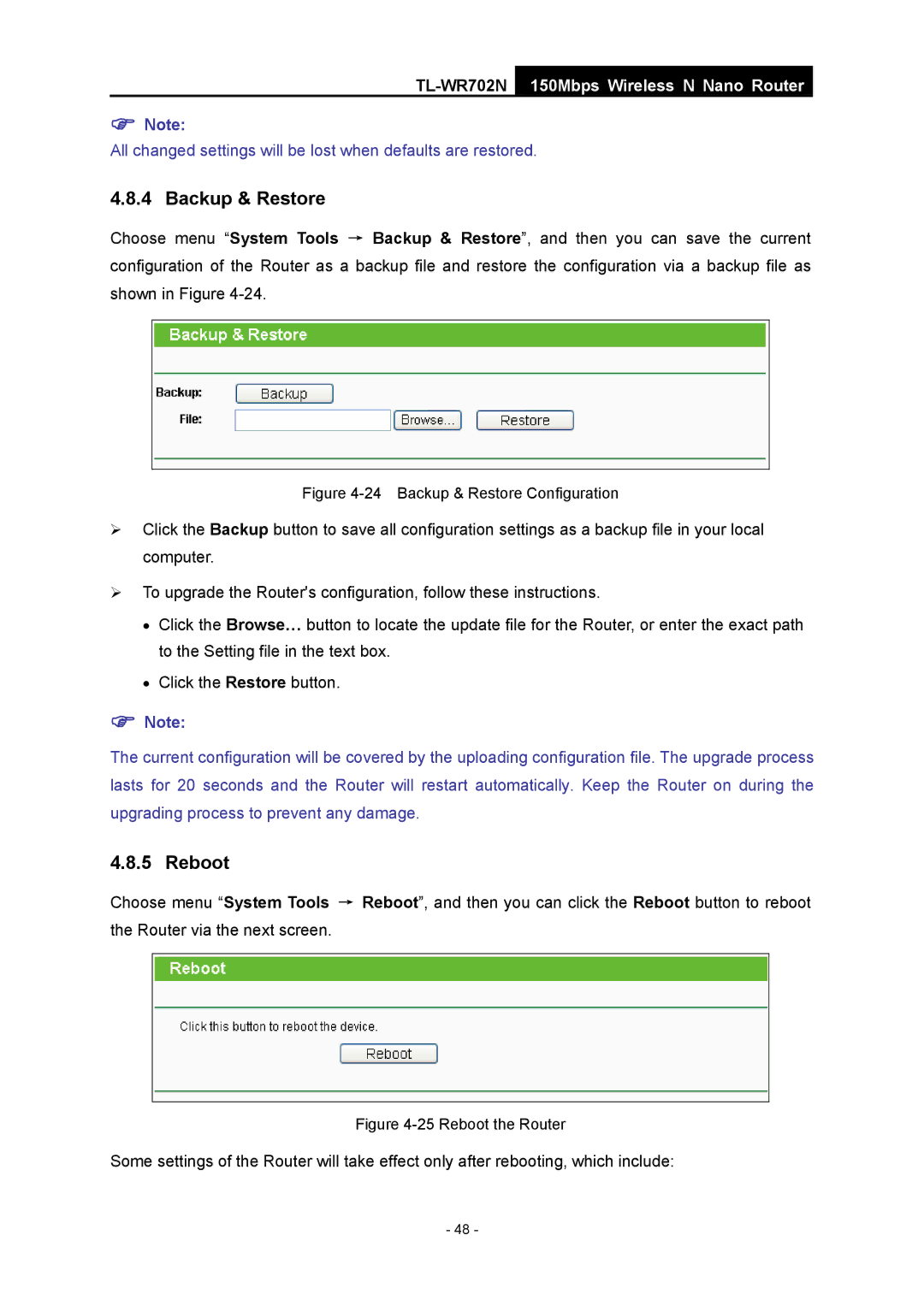 TP-Link TL-WR702N manual Backup & Restore, Reboot 