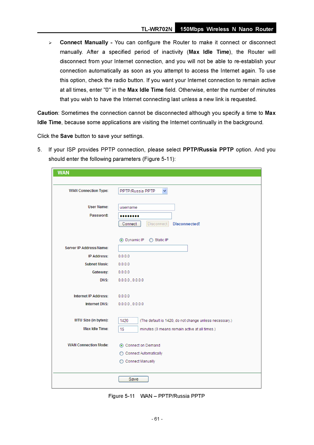 TP-Link TL-WR702N manual WAN PPTP/Russia Pptp 