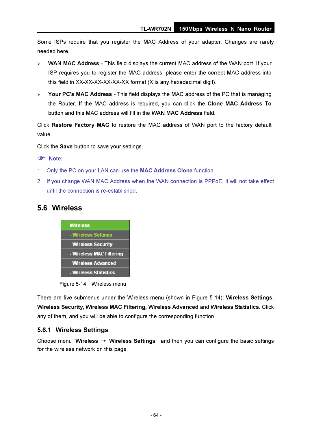 TP-Link TL-WR702N manual Wireless menu 