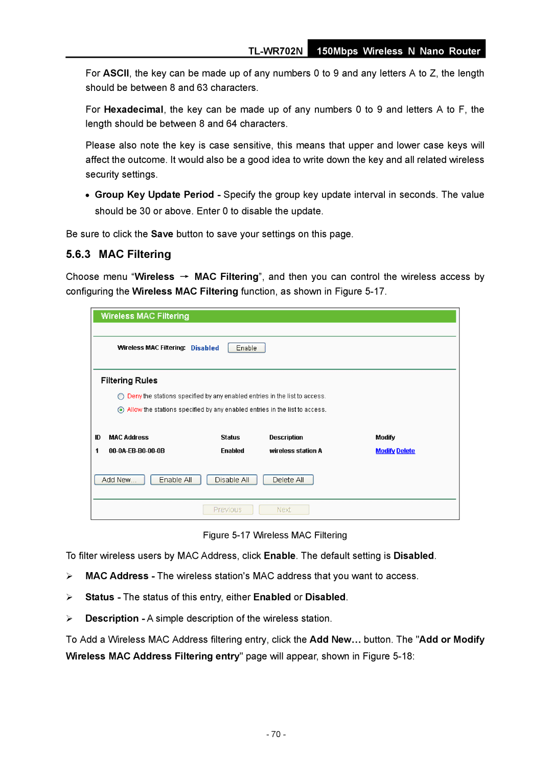TP-Link TL-WR702N manual Wireless MAC Filtering 