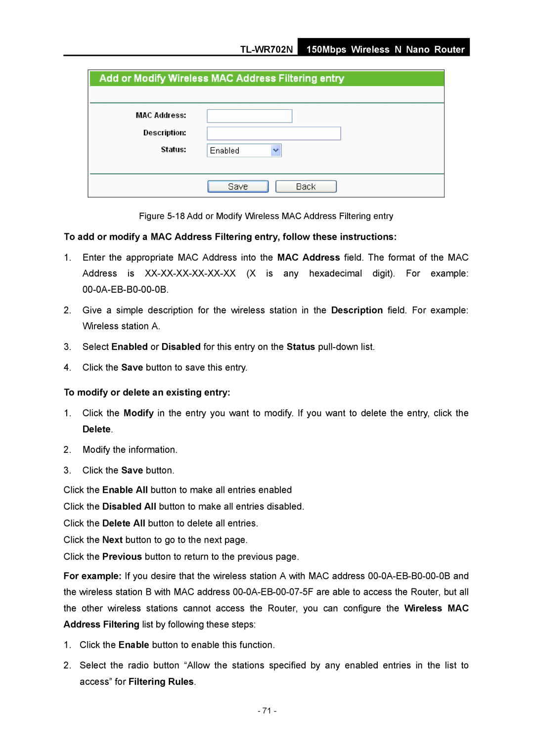 TP-Link TL-WR702N manual Add or Modify Wireless MAC Address Filtering entry 