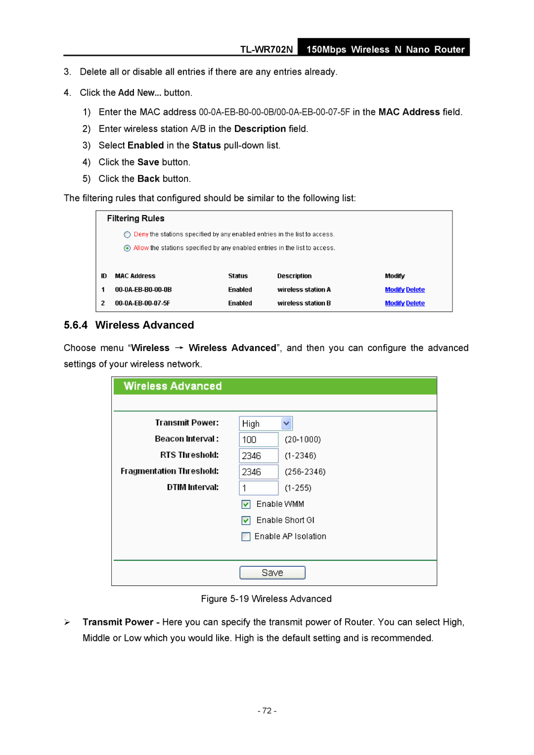 TP-Link TL-WR702N manual Wireless Advanced 