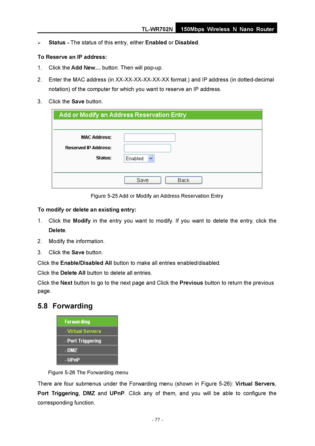 TP-Link TL-WR702N manual Forwarding, Add or Modify an Address Reservation Entry 