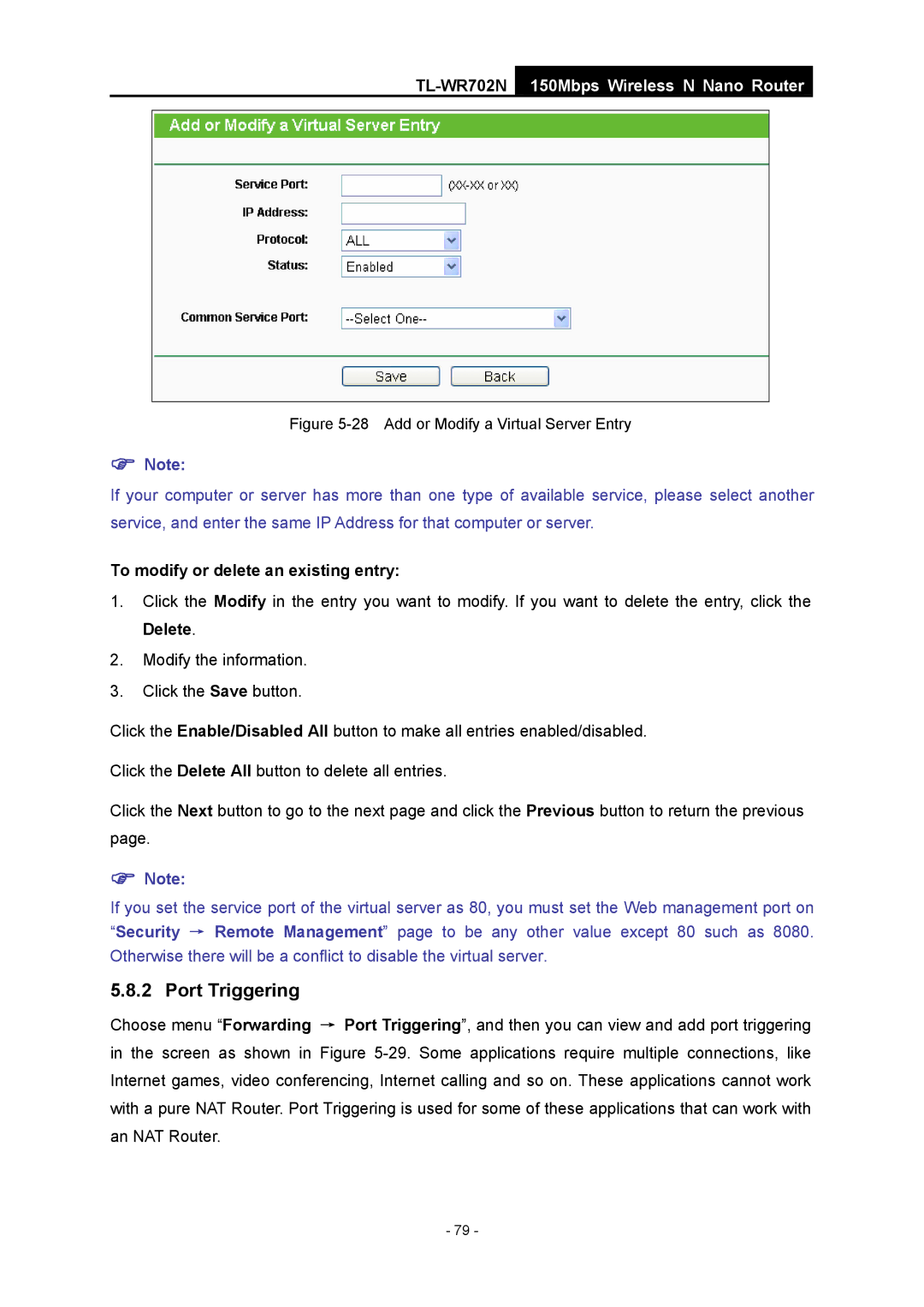 TP-Link TL-WR702N manual Port Triggering, Add or Modify a Virtual Server Entry 