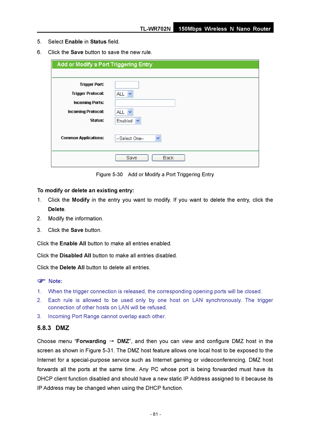 TP-Link TL-WR702N manual 3 DMZ, Add or Modify a Port Triggering Entry 