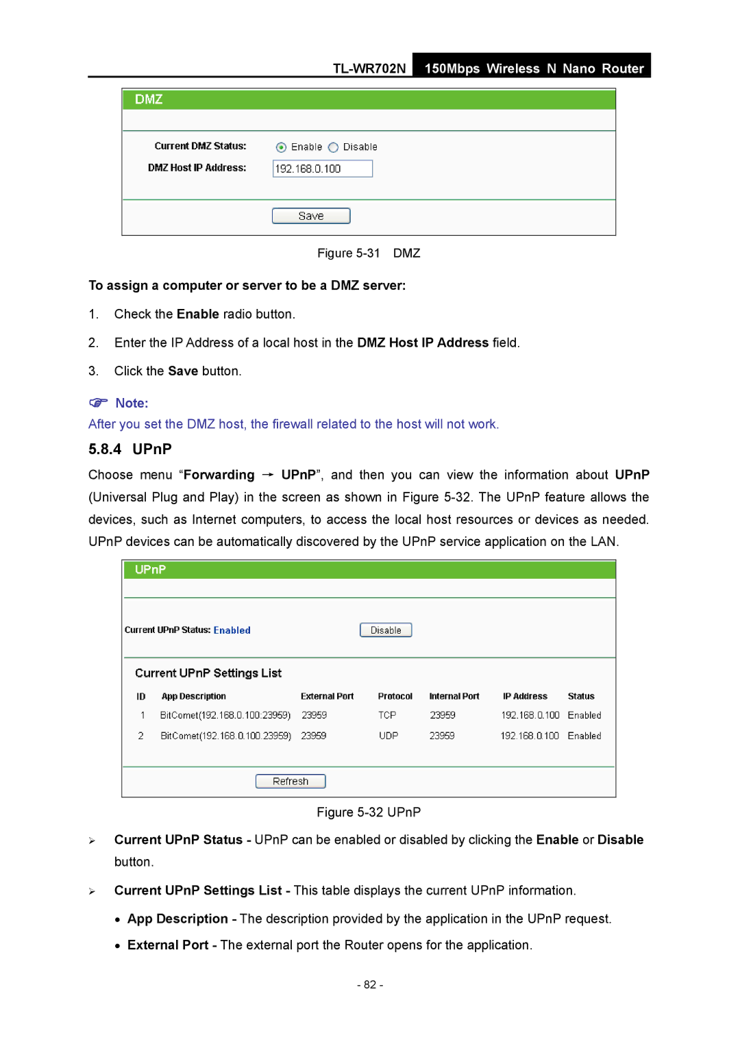 TP-Link TL-WR702N manual UPnP, To assign a computer or server to be a DMZ server 