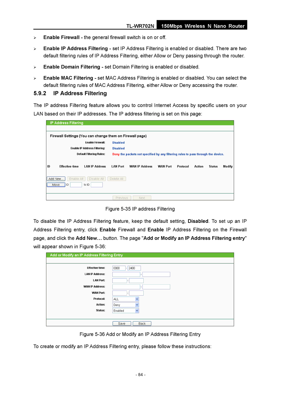 TP-Link TL-WR702N manual IP Address Filtering, ¾ Enable Firewall the general firewall switch is on or off 