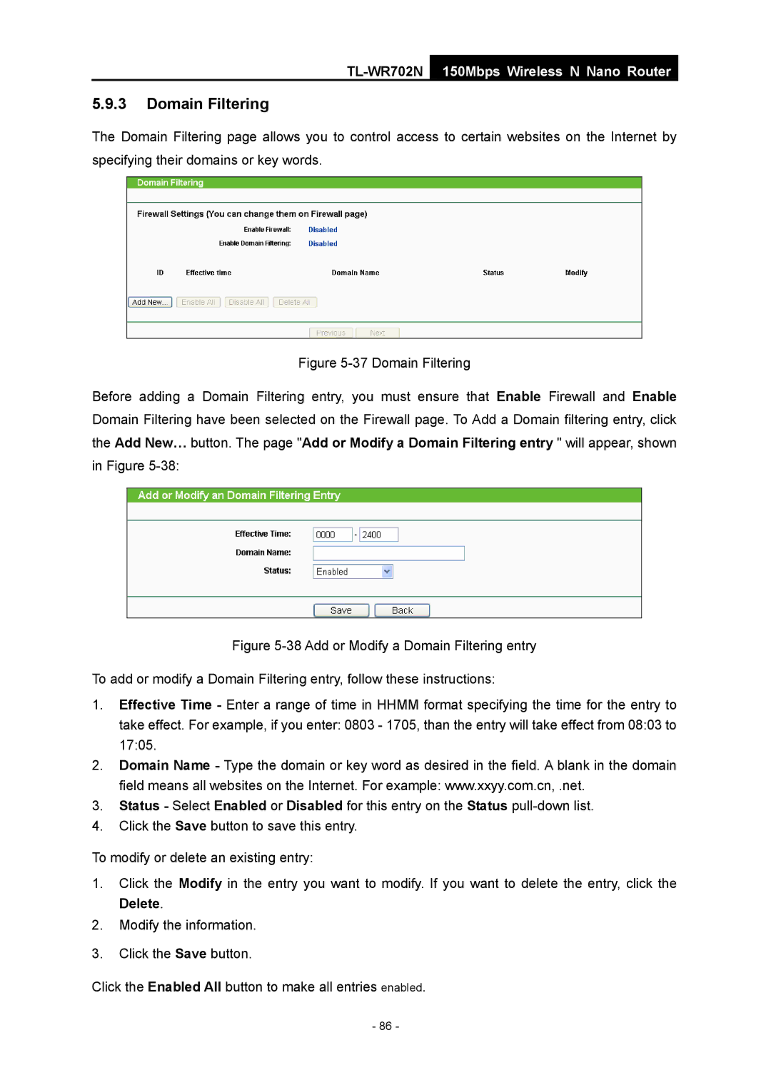 TP-Link TL-WR702N manual Domain Filtering 