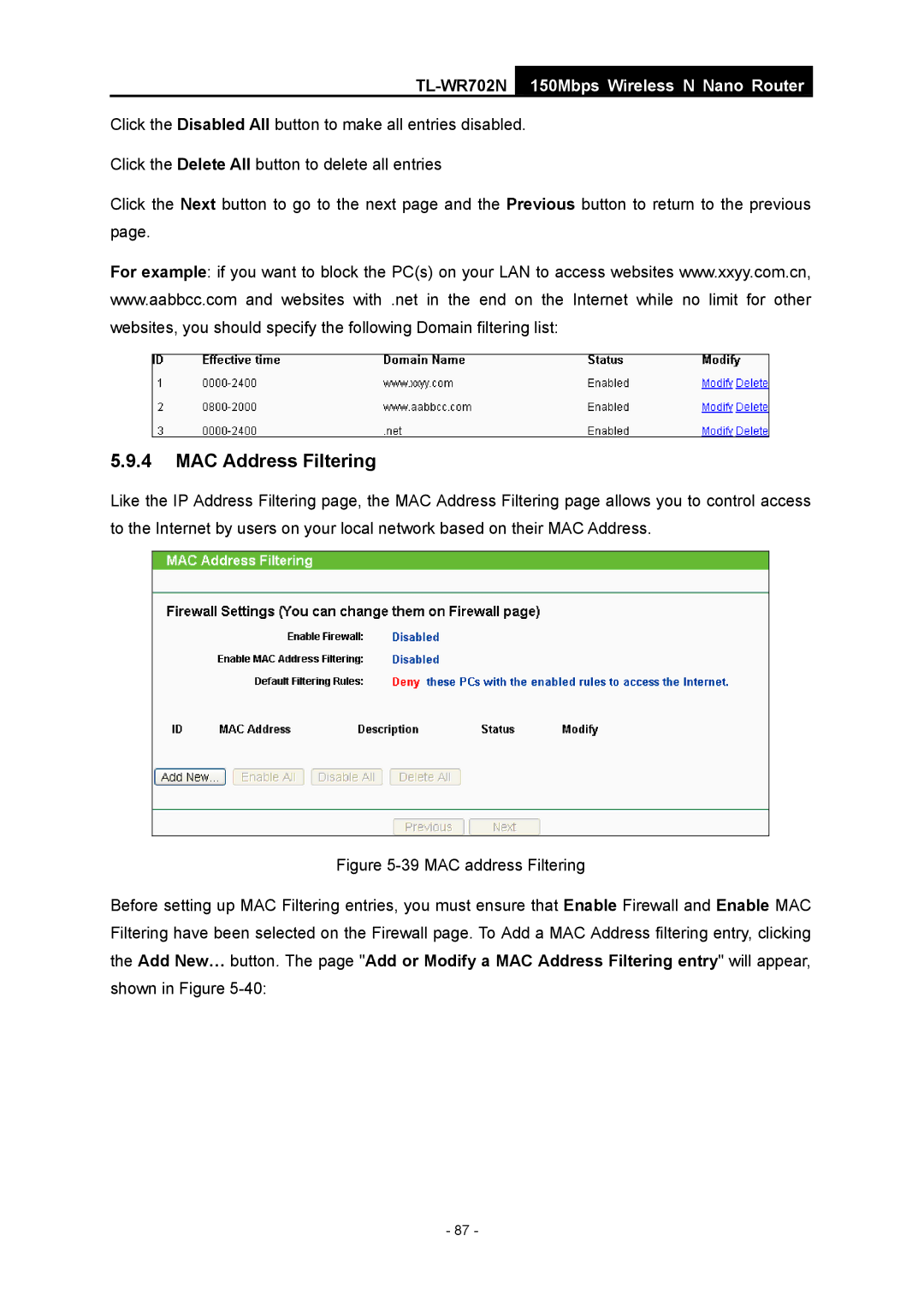 TP-Link TL-WR702N manual MAC Address Filtering 