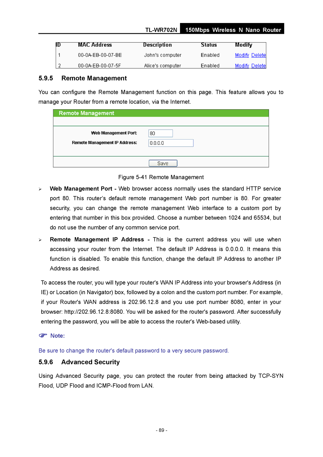 TP-Link TL-WR702N manual Remote Management, Advanced Security 