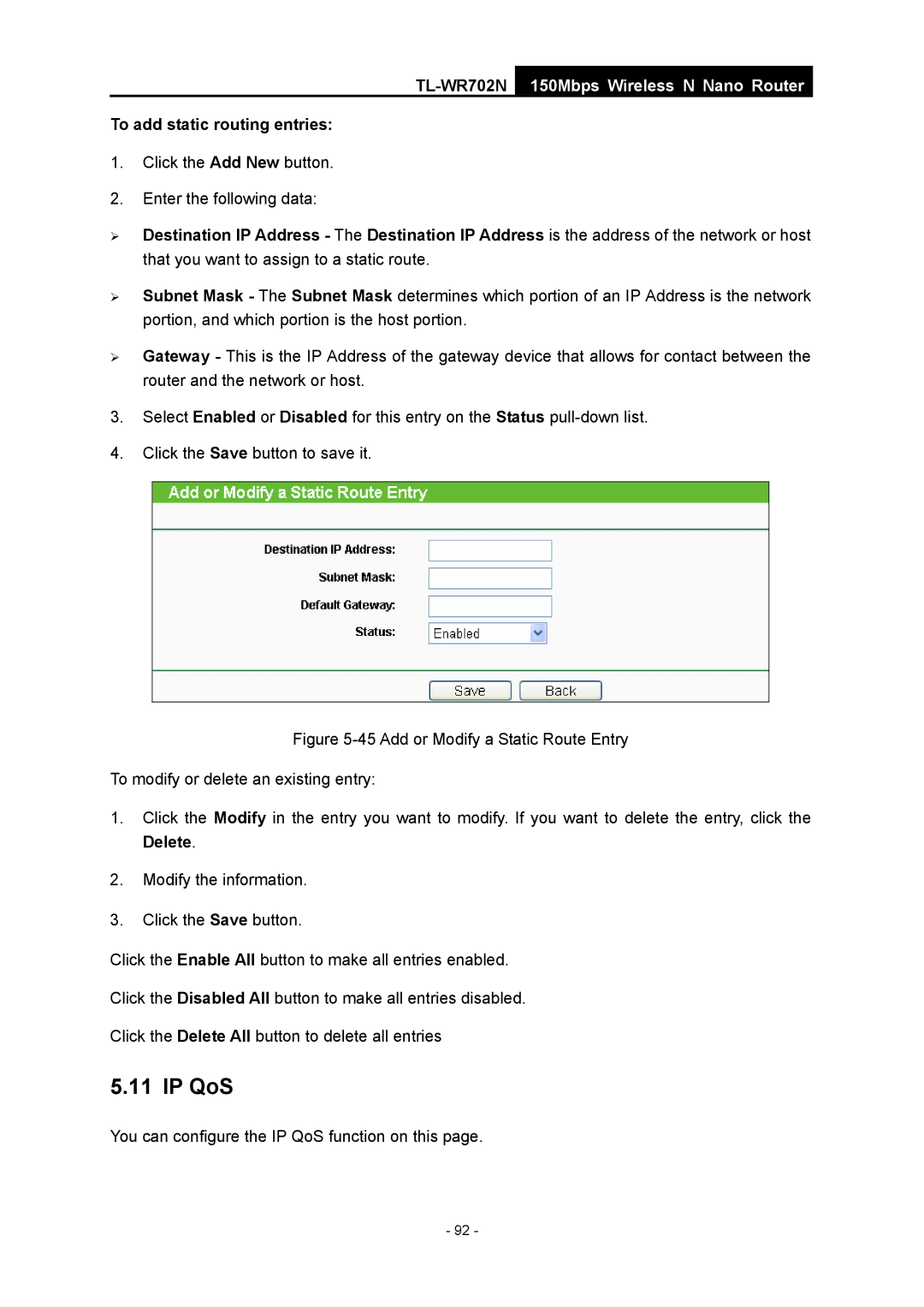 TP-Link TL-WR702N manual IP QoS, To add static routing entries 