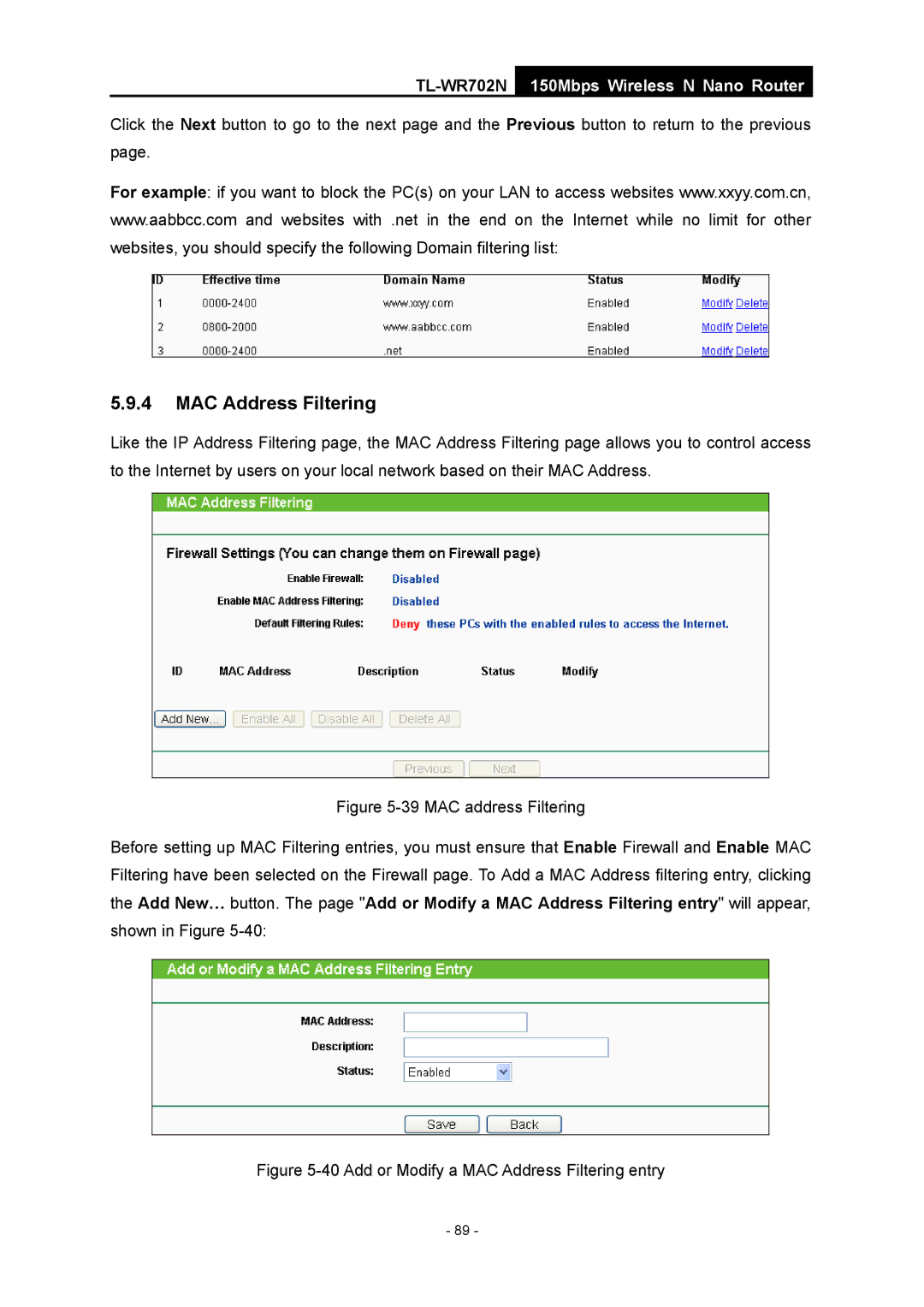 TP-Link TL-WR702N manual Add or Modify a MAC Address Filtering entry 