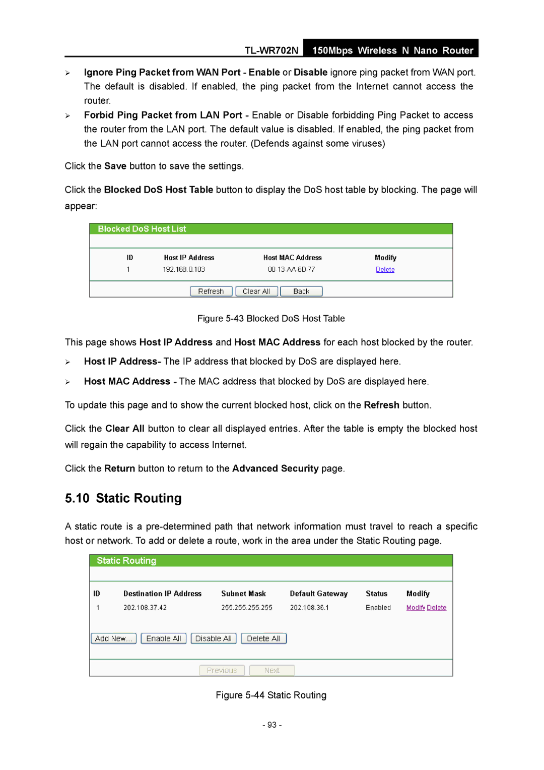 TP-Link TL-WR702N manual Static Routing, Blocked DoS Host Table 