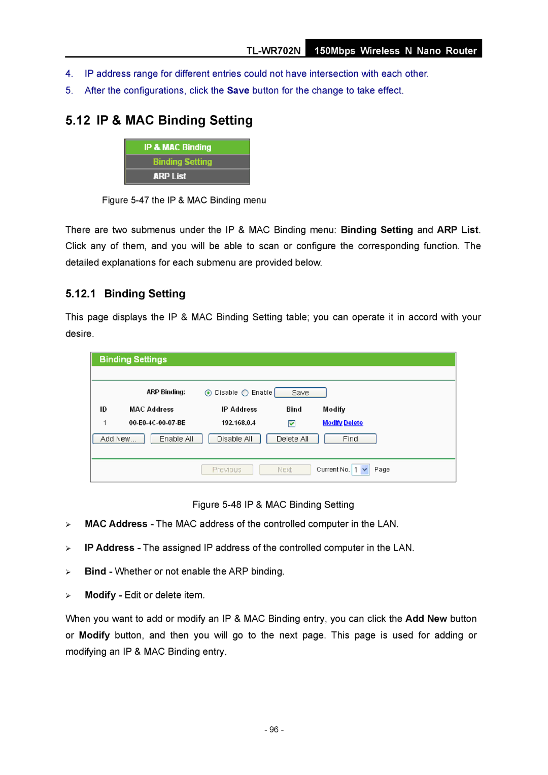 TP-Link TL-WR702N manual 12 IP & MAC Binding Setting 