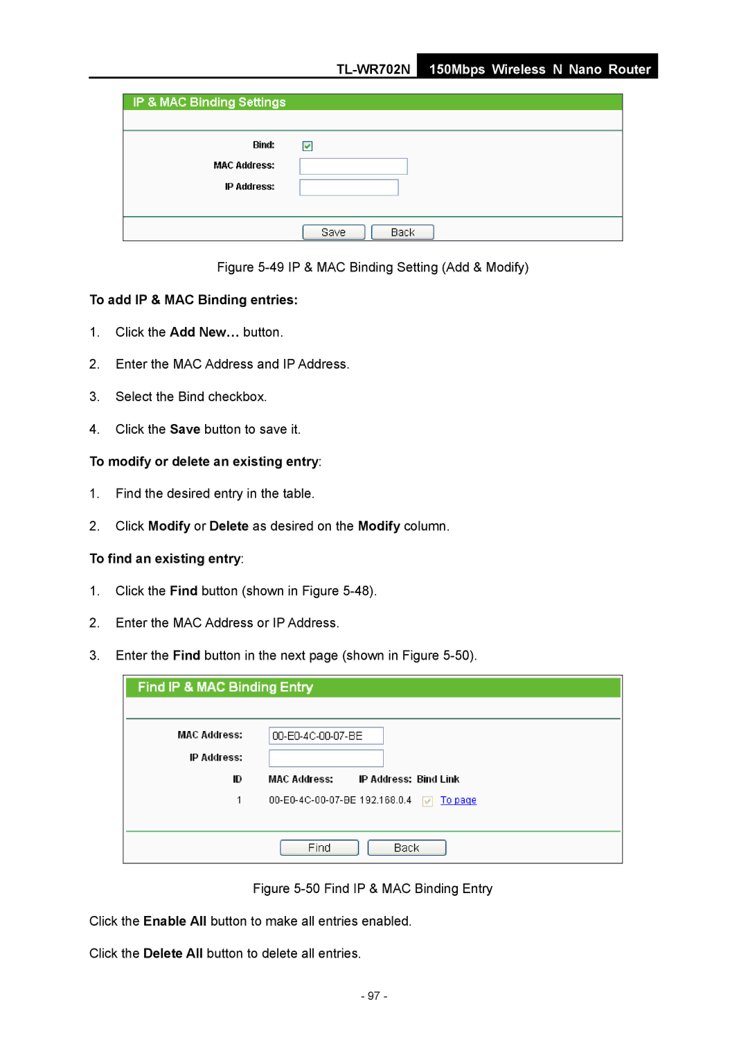 TP-Link TL-WR702N manual To add IP & MAC Binding entries, To find an existing entry 