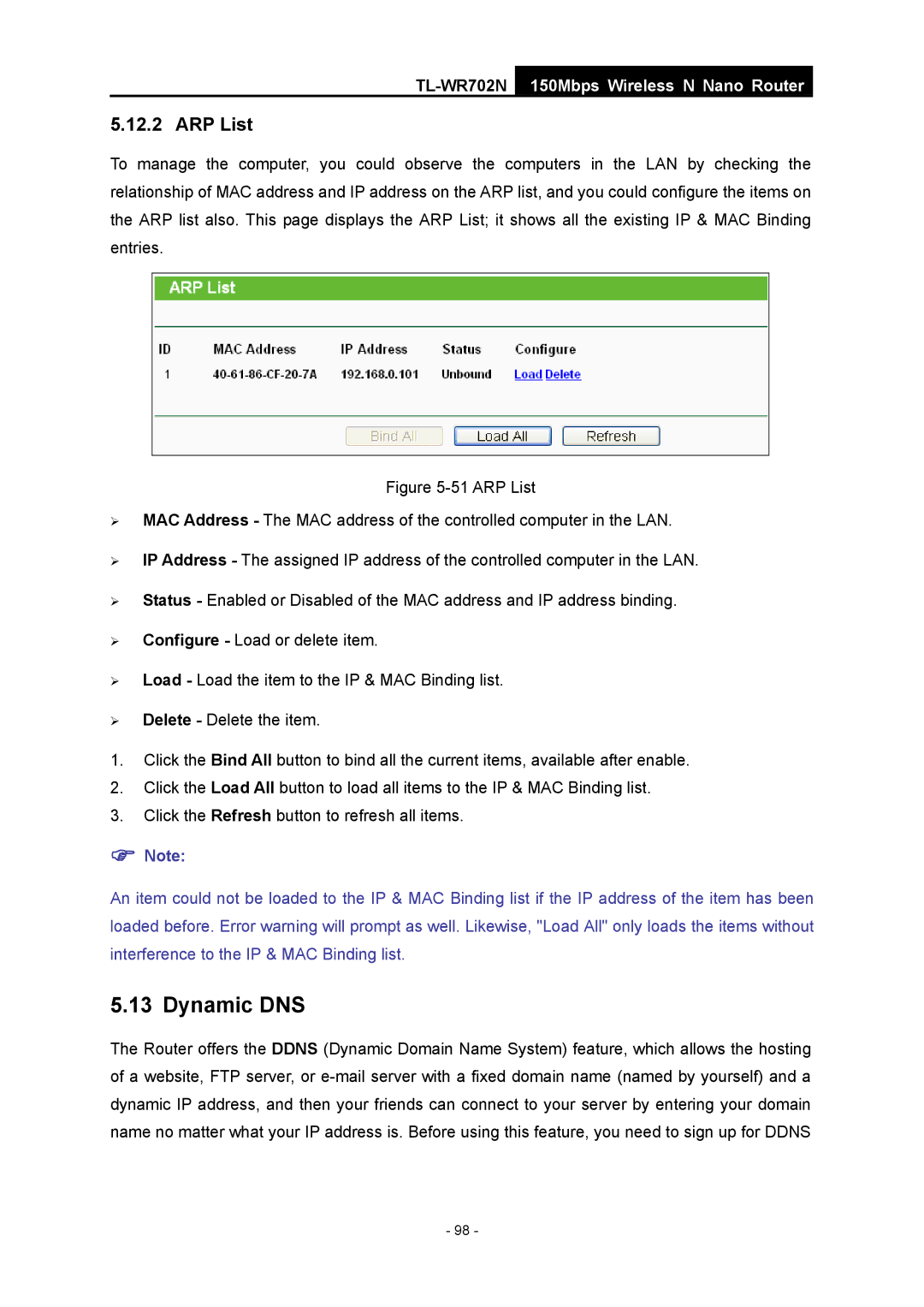 TP-Link TL-WR702N manual Dynamic DNS, ARP List 