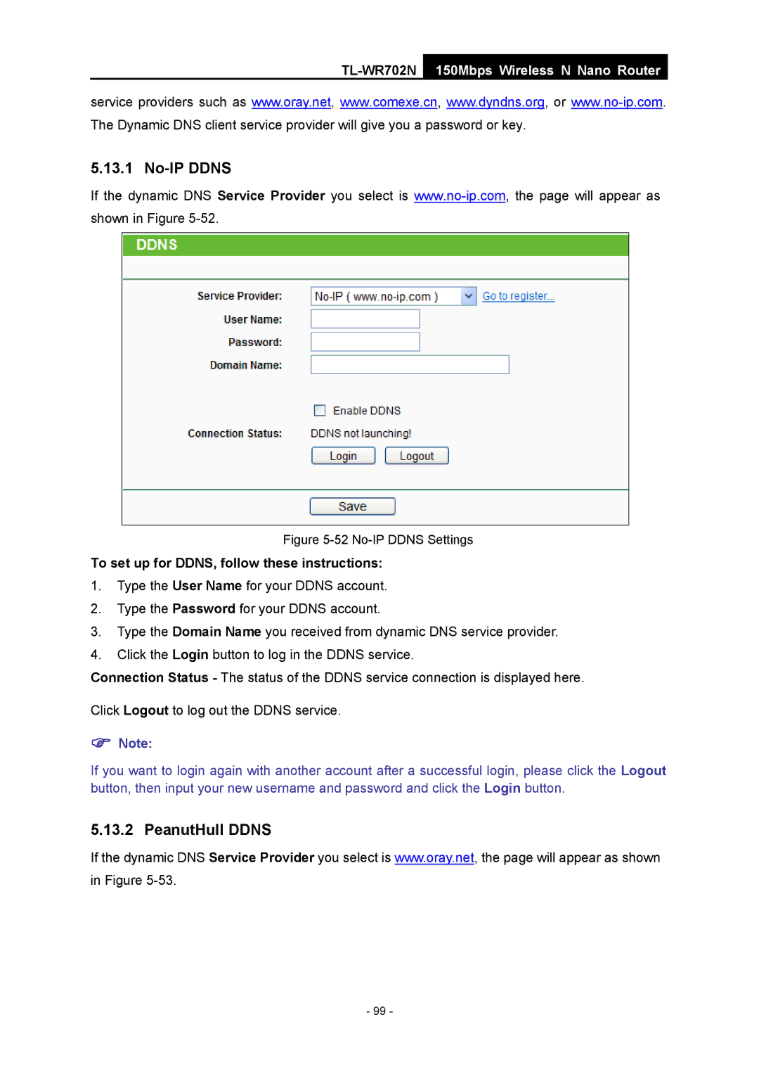 TP-Link TL-WR702N manual No-IP Ddns, PeanutHull Ddns, To set up for DDNS, follow these instructions 